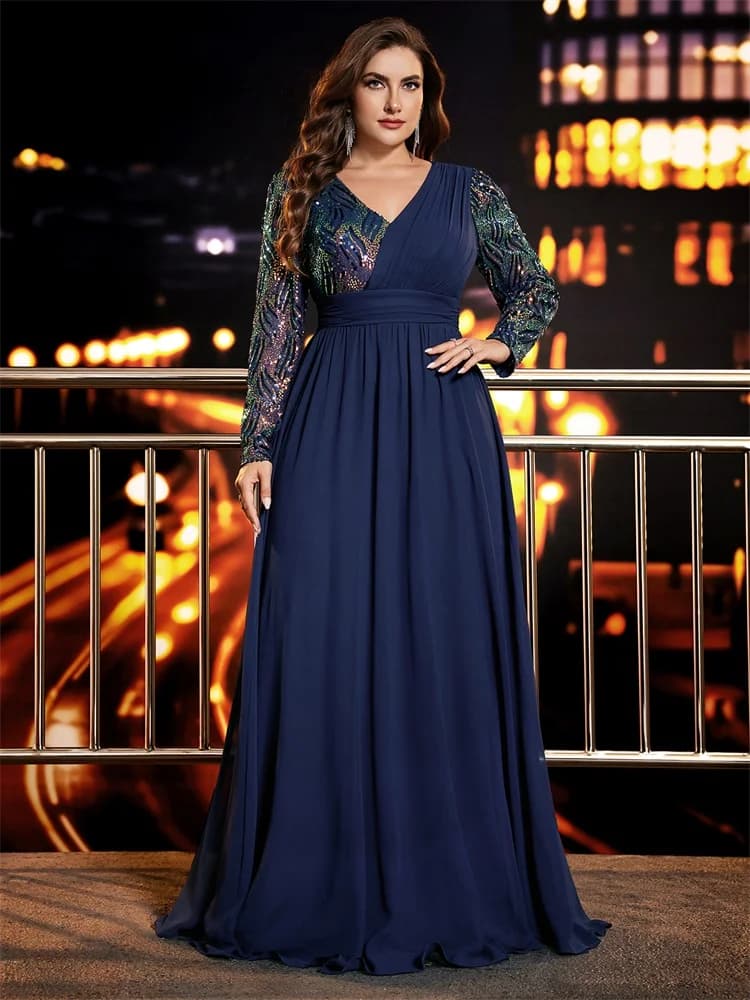 Lucyinlove Plus Size Luxury Chiffon Long Sleeve Evening Dresses Women Sequins Blue Wedding Party Cocktail Floor Lenght Gowns