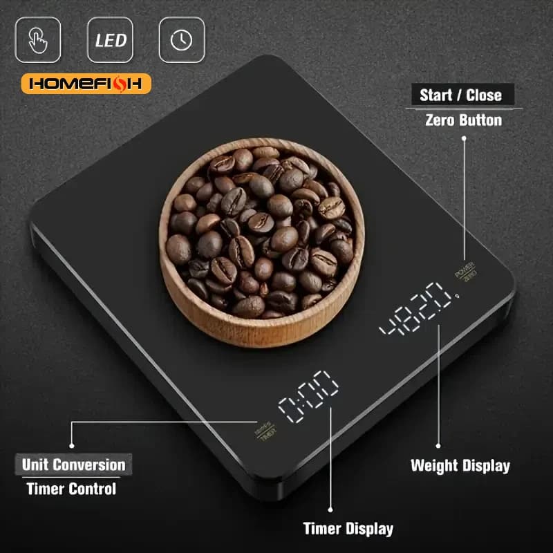 KC2 Digital Rechargeable Coffee Scale with Timer LED Screen Espresso USB 0.1g to 3kg High Accuracy Measuring Kitchen Scale