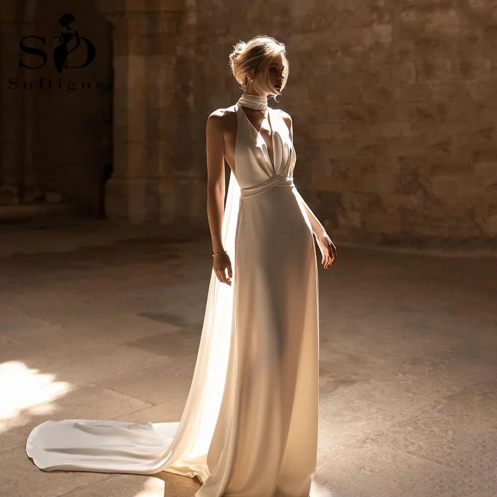 SoDigne Elegant Satin Bride Dresses 2024 V Neck Halter Beach Long Wedding Dress Sleeveless Boho Bridal Gowns Customized