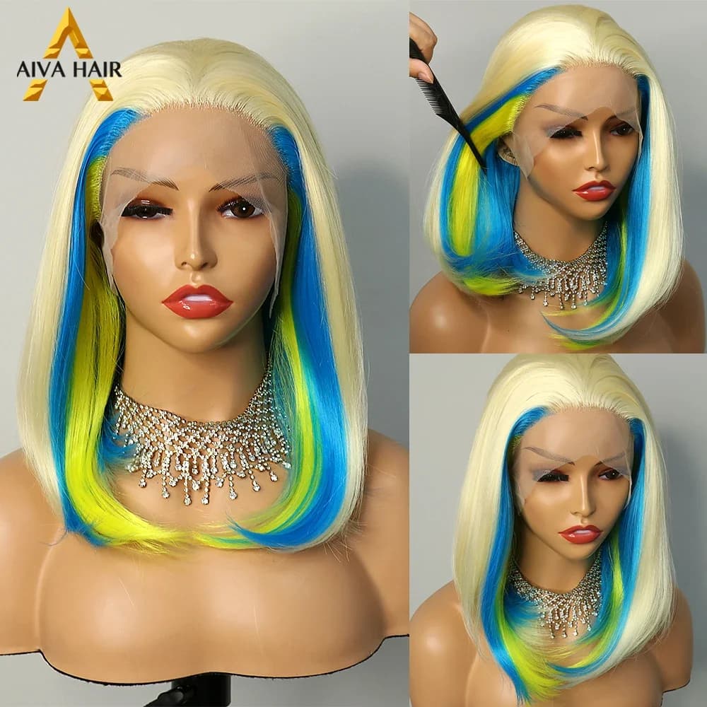 AIVA Ombre Blue Synthetic Wig Straight Drag Queen 30 Inch 13X4 Blonde Lace Front Heat Resistant Colored Wigs for Women Glueless