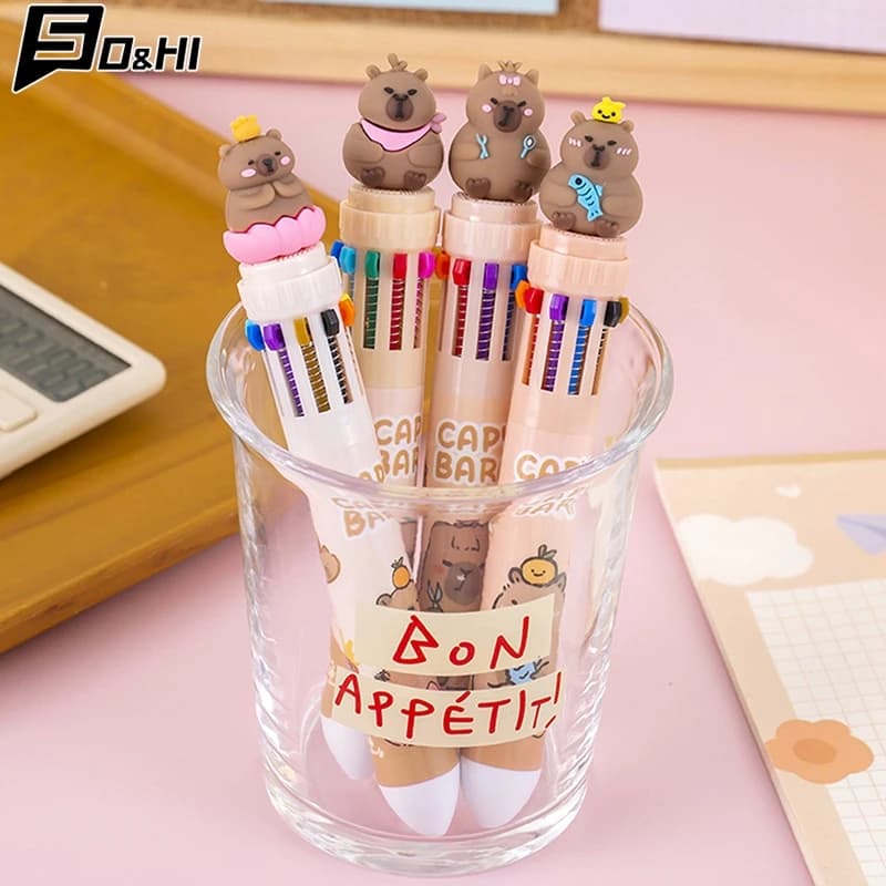 Creative Kawaii Capybara 10 Multicolored Pens Cute Cartoon Ballpoint Pen School Office Supplies Student Stationery Gifts