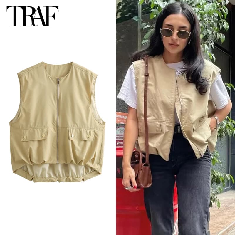 TRAF 2024 Ruched Sleeveless Vest Women Zip Loose Summer Vests for Women Streetwear Women's Jackets Holiday Casual Vest Top Women
