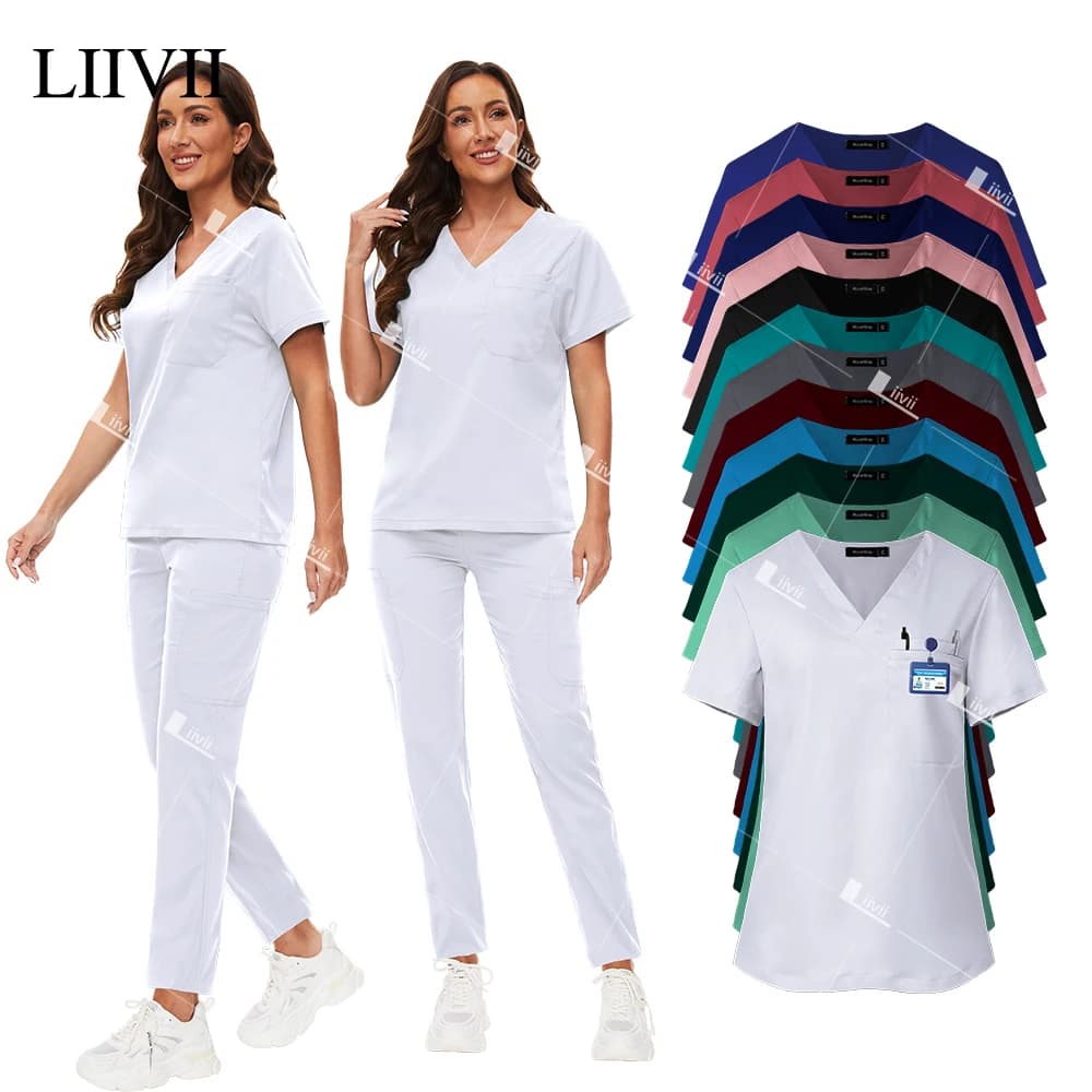 New Scrubs Set Medical Doctor Uniforms Stretch Scrub Top With Pocket Straight Pants Nurse Uniforms Beauty Salon Lab Workwear