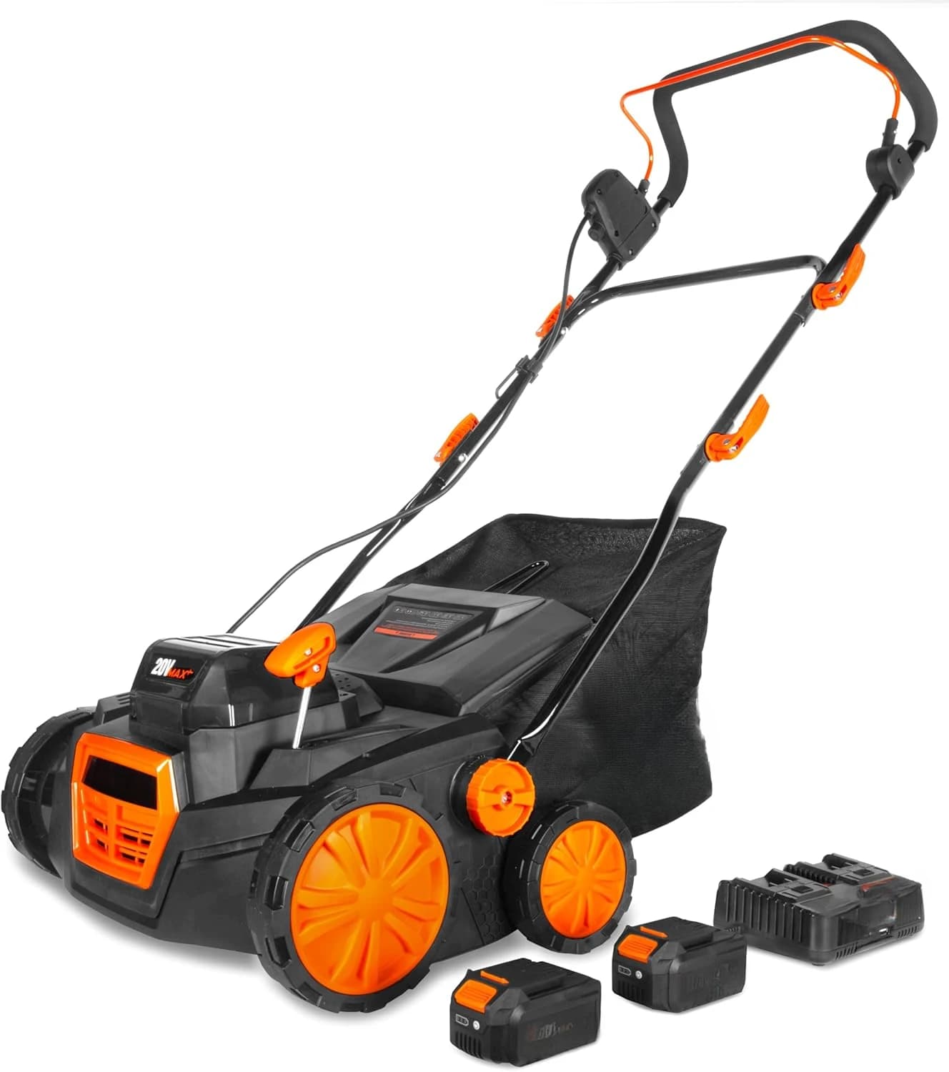 20V Max Cordless 15-Inch 2-in-1 Brushless Electric Dethatcher and Scarifier with Collection Bag, Two 4.0 Ah Batteries, and D