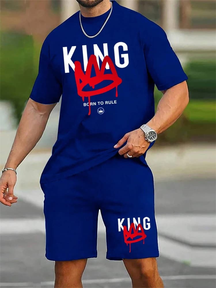 New Men's Short Sleeve Shorts Set Fashion King Printed T-Shirt Shorts 2 Sets of Casual Round Neck Jumper Breathable Sportswear