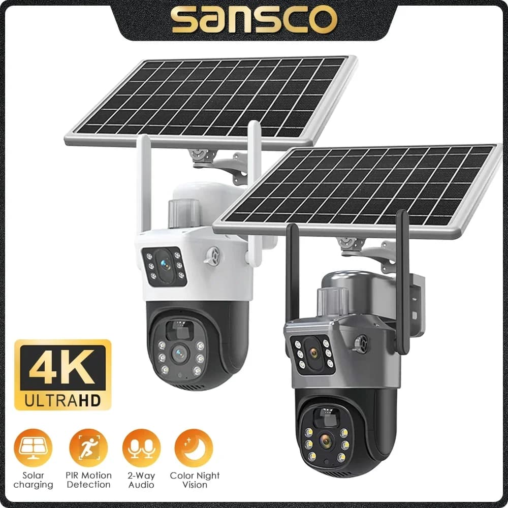 SANSCO 4K 8MP Dual Lens WIFI Solar Camera Dual Screen Battery PIR Motion Detection Outdoor 4MP PTZ Security Camera Eseecloud