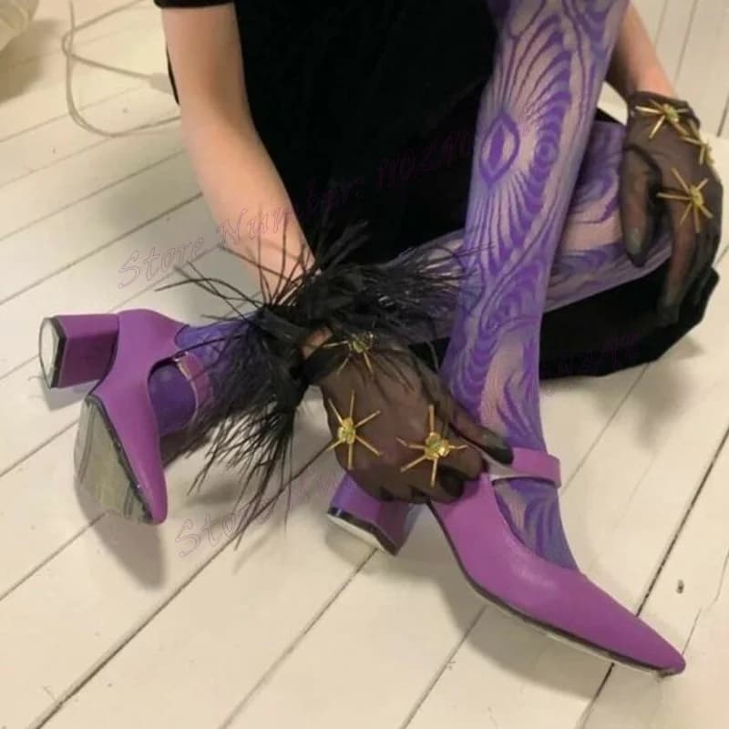 Purple Slip On Chunky Heels Pumps Pointed Toe Marry Jane Shoes for Women Matte Leather Elegant Shoes 2024 Zapatos Para Mujere