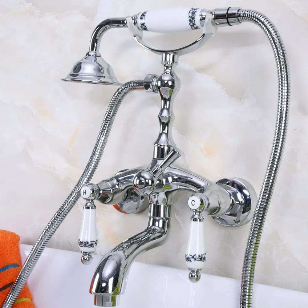 Polished Chrome Brass Double Ceramic Handles Wall Mounted Bathroom Clawfoot Bathtub Tub Faucet Mixer Tap Hand Shower ana218