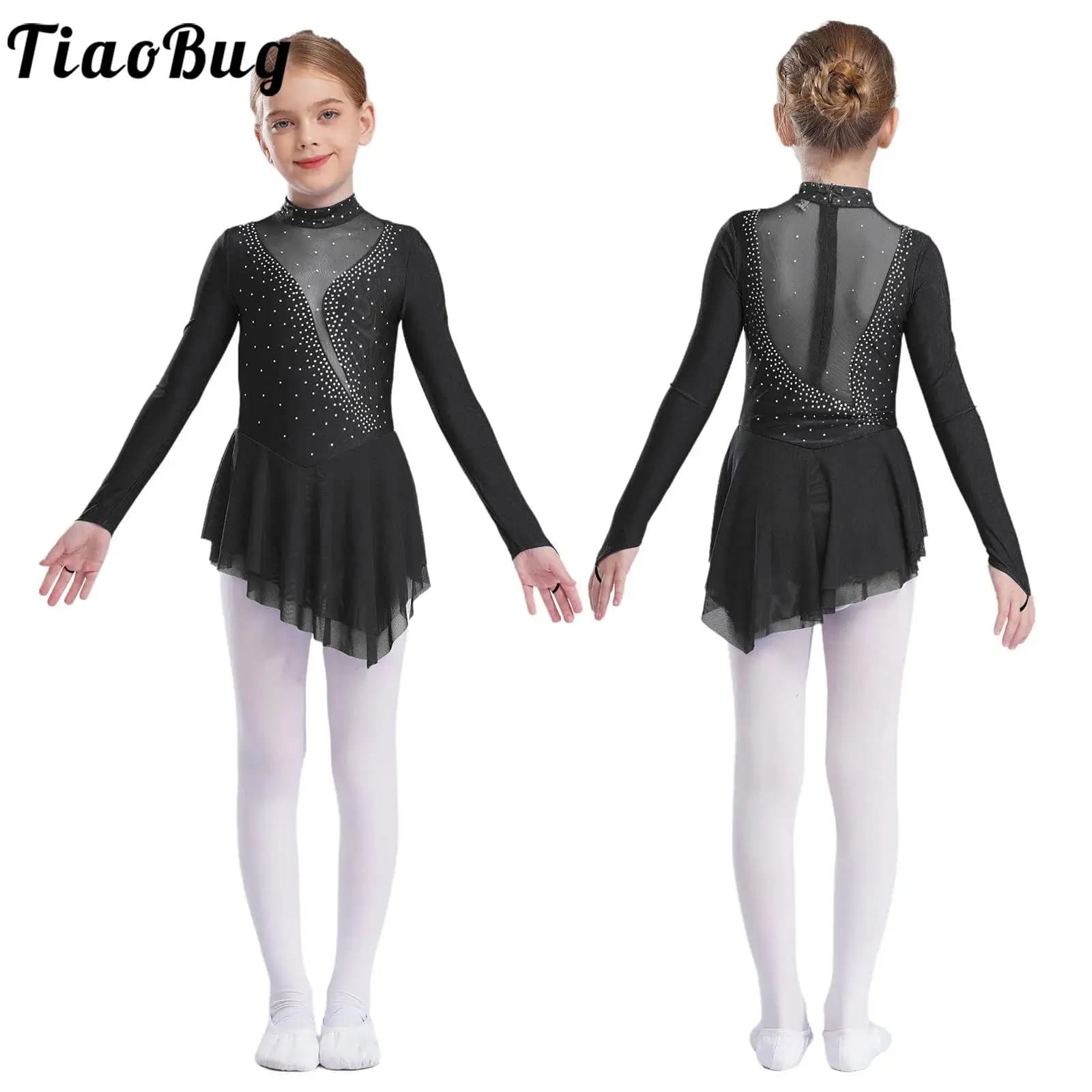 Kids Girls Figure Skating Dance Gymnastics Costume Long Sleeve Rhinestones Sheer Mesh Ballet Tutu Dress Performance Dancewear