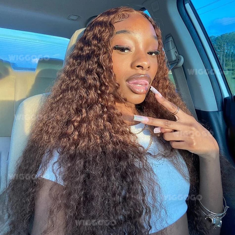 Wiggogo Chocolate Brown Curly Lace Front Wig 100% Human Hair Pre Plucked Deep Wave Hd Transparent Lace Frontal Wig Brazilian Wig
