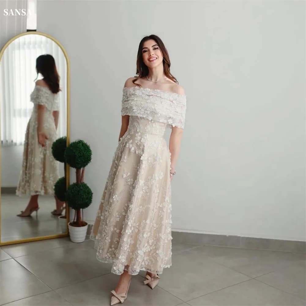 Sansa Luxury Champagne Off Shoulder Engagement dress Glitter 3D Embroidery Vestidos de fiesta A-line Ankle-Length فساتين سهرة