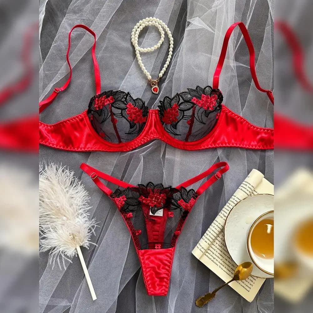 Hollow Out Bra Underpants Set Floral Embroidery Lace Underwear Set Adjustable Strap Contrast Color Back Closure 2 for Women