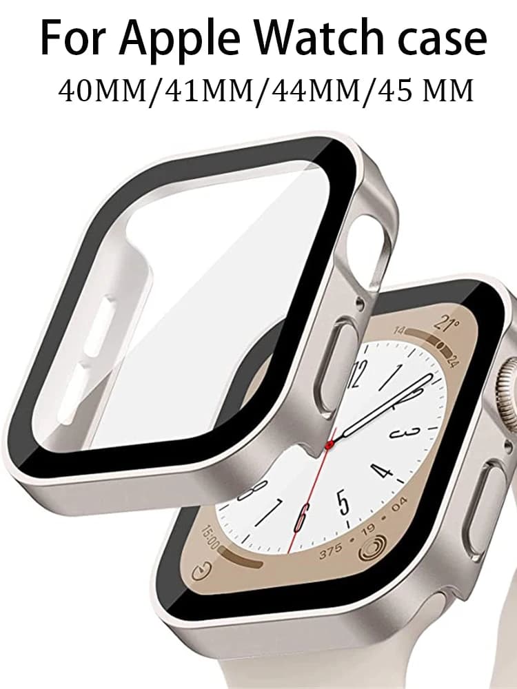 Tempered Glass+Case For Apple Watch band 44mm 40mm 41mm 45 mm Straight Edge Screen Protector cover iWatch series 9 8 7 6 5 se