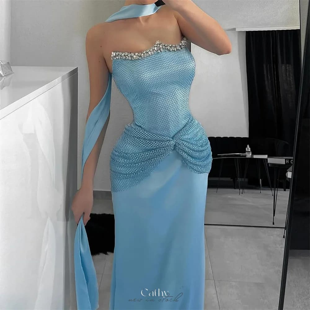 Cathy Customized Blue Halter Neck Rhinestones Prom Dresses Mermaid Sleeveless vestidos de noiva Floor-Length Formal Evening 2025