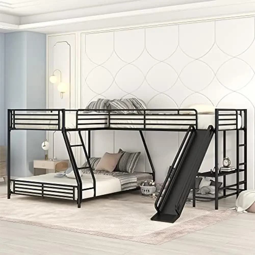 Metal L-Shaped Triple Bunk Bed with Desk Slide and Shelf Twin Over Full Triple Bunk Bed and Twin Loft Bed High Quality Metal