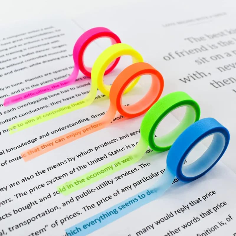 5Rolls Transparent Fluorescent Index Tabs Flags 5 Colors Book Annotation Sticky Note Highlighter Tape School Office Supplies