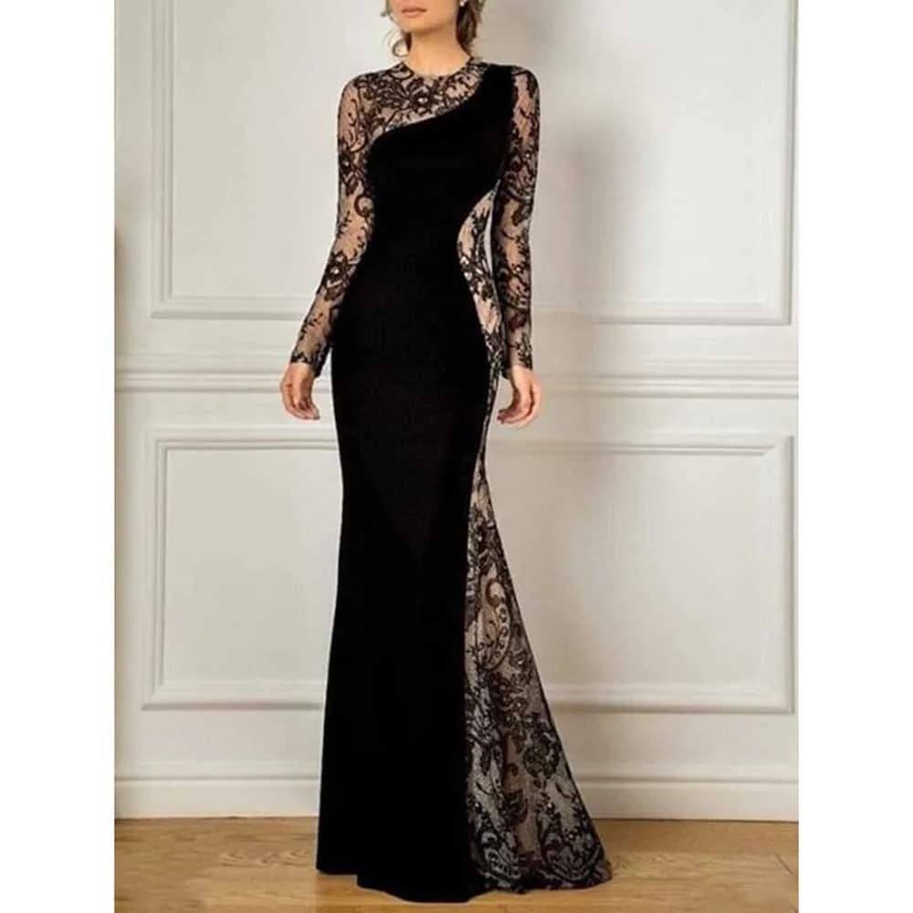Elegant Black Dresses for Mother of the Bride 2024 High Quality Full Sleeves O-Neck Trumpet Slim Fit Female Evening Party Gowns
