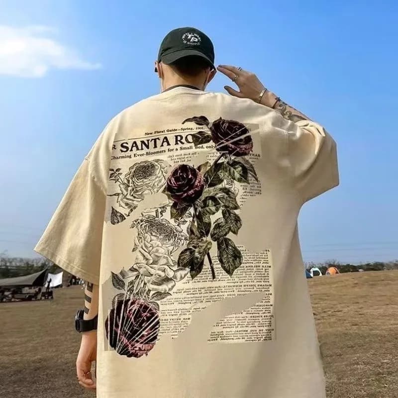 【Plus Size M-8XL】Loose Fitting Fashionable American Vintage Newspaper Rose Printed T-shirt
