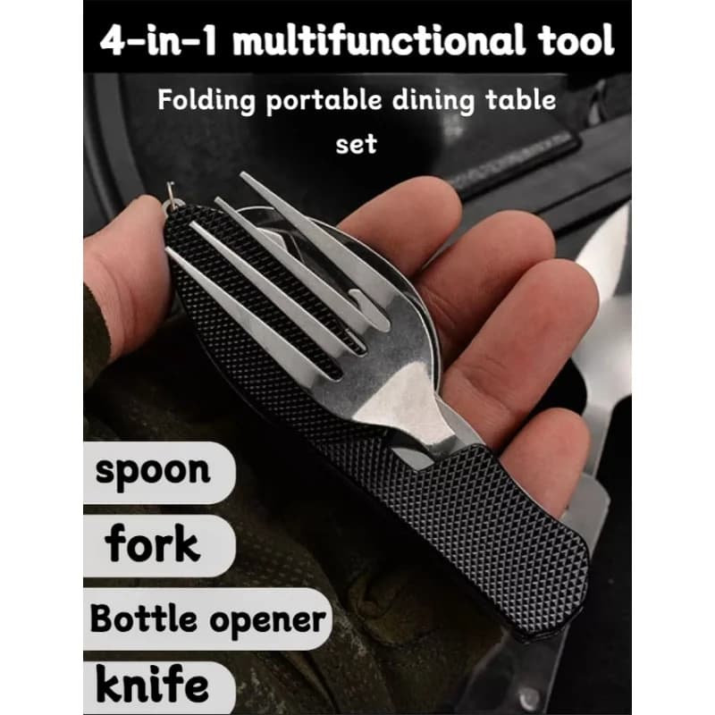 Stainless Steel Cutlery 4 In 1 Outdoor Picnic Tableware Foldable Knife Fork Spoon Bottle Opener Folding Pocket Cutlery Set