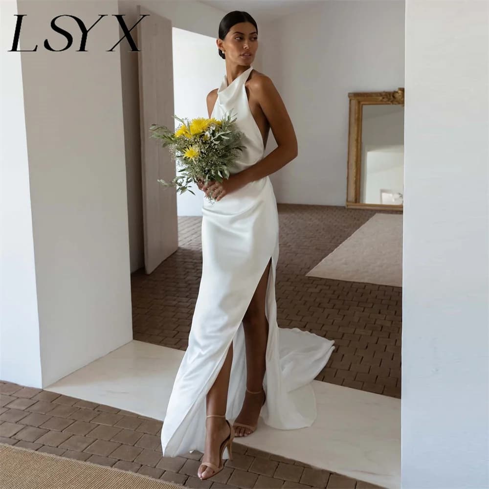 LSYX Customized Halter Sleeveless Simple Mermaid Wedding Dress Satin Open Back High Side Slit Floor Length Bridal Gown