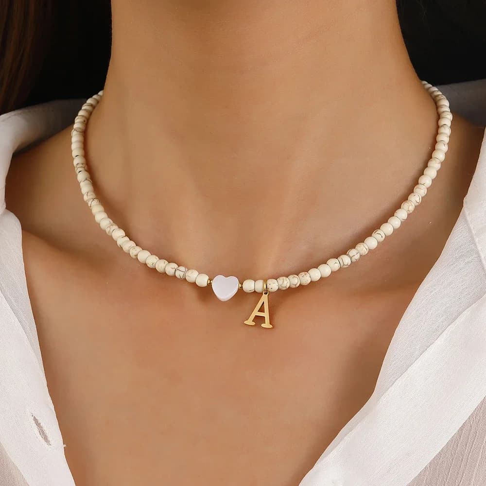 Bohemian Choker neck Initial necklaces heart-shaped shell letter pendant beads Women's stainless steel necklace woman trend2025