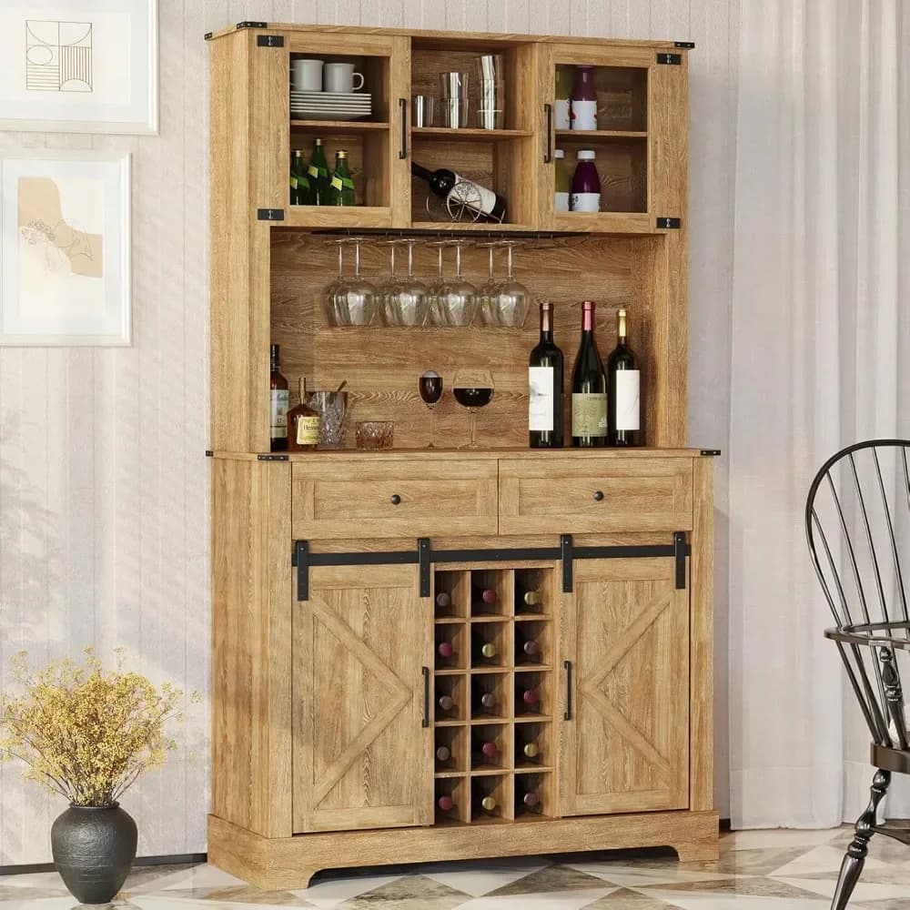 Coffeee Bar Cabinet with Wine&Glass Racks, 72" Storage Cabinets with Farmhouse Sliding Barn Door, Kitchen Buffet Cabinet