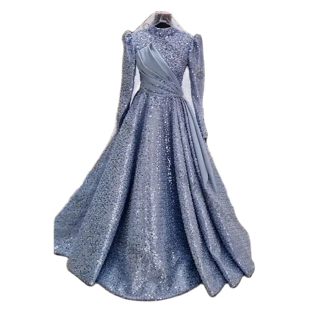 Sparkly Sequin Muslim Evening Dresses High Collar Long Sleeve Islamic Formal Gown Beaded A Line Arabic Dubai Vestidos De Novia