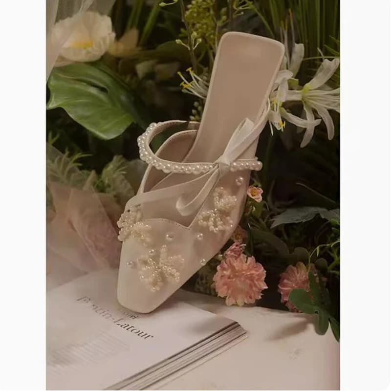 Pearl beadings bow Side Strap Slipper Sandals Close Toe Slingback Catwalk Kitten Heels Party Shoes