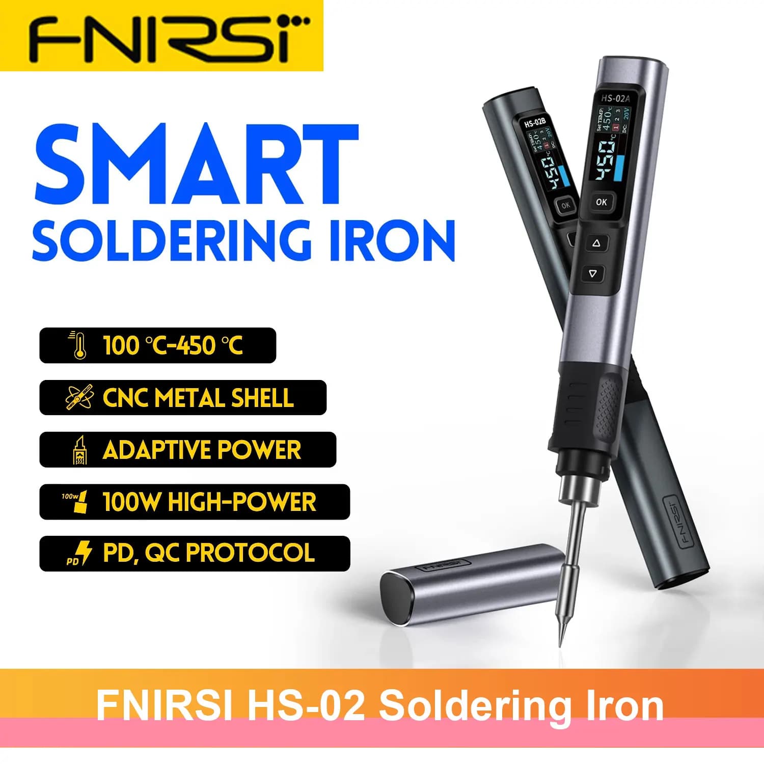 FNIRSI HS-02 Soldering Iron Smart Sleep IPS Color Display Screen 100-450℃ Soldering Rework Station PD100W Portable Repair Tool
