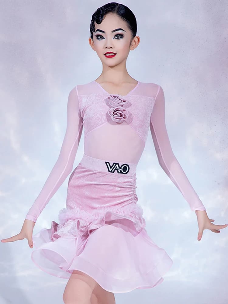 New Girls Pink Latin Dance Costume Flower Long Sleeves Performance Set Kids Latin Dance Practice Competition Dress Rumba BL13540