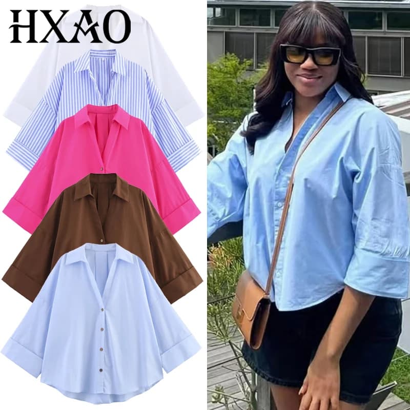 HXAO 2025 Women's Shirt Summer Crop Oversized Shirts & Blouses White Blue Rose Brown Striped Shirt Elegant Long Sleeve blouses