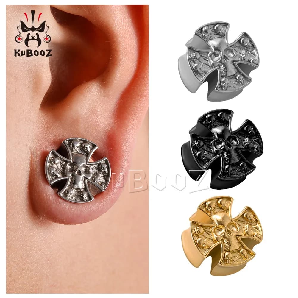 KUBOOZ Unique Stainless Steel Cross Skull Ear Gauges Tunnels Body Jewelry Piercing Earring Plugs Expanders Stretchers 2PCS