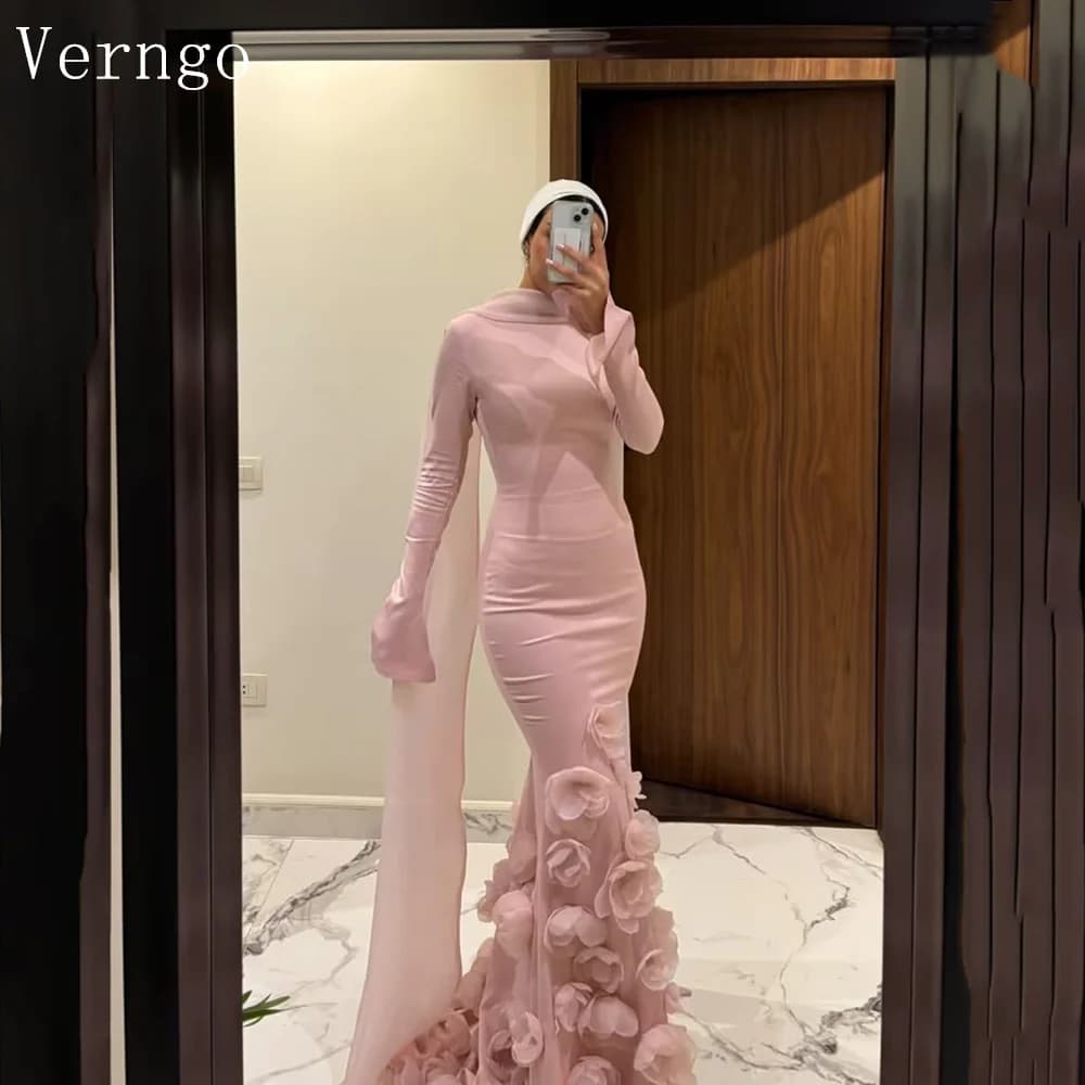 Verngo Baby Pink Crepe Evening Dress Elegant 3D Flowers Prom Gown High Neck Full Sleeves Muslim Formal Occasion Dress Customized