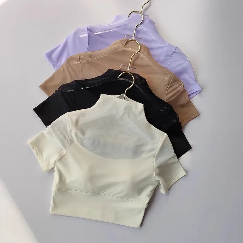 One Piece Cup with Chest Pad Mesh Short Sleeved Yoga Suit Training Tight Top Pilates Fitness Running Sports T-shirt Cloth