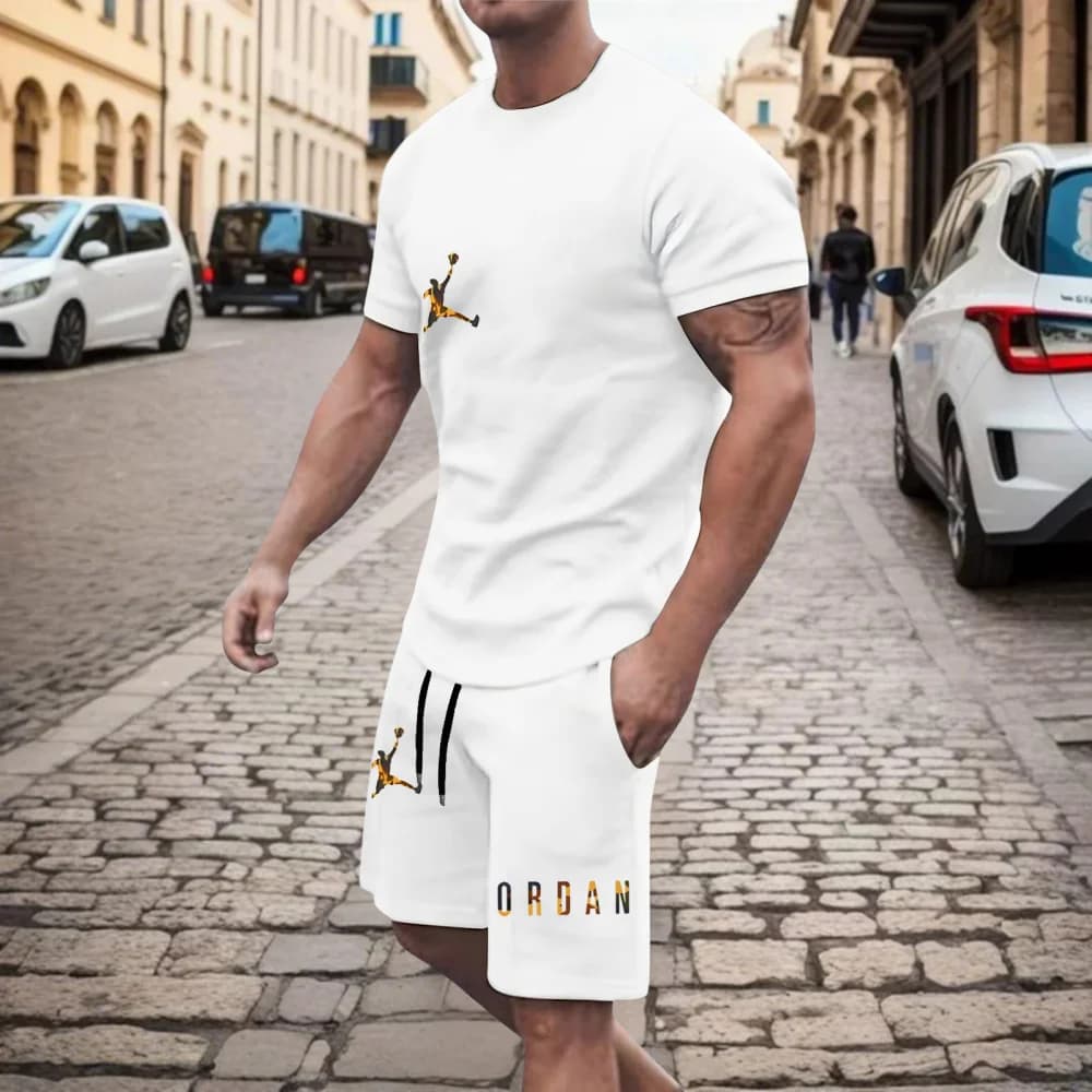 New men's fashionable casual clothing summer sports round neck short-sleeved T-shirt and drawstring shorts breathable suit