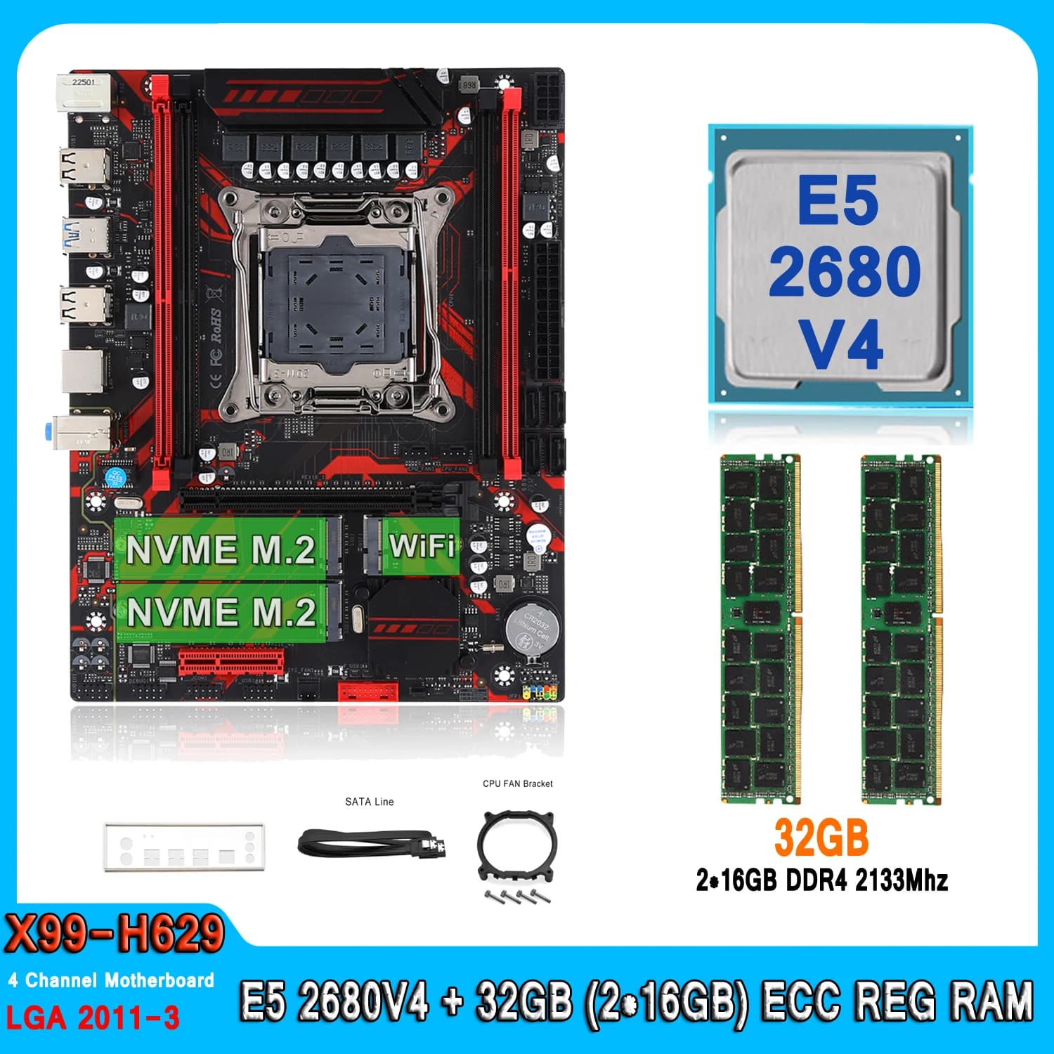 X99 Kit Motherboard LGA2011-3 Set with E5 2680 V4 Processor 32GB(2*16GB) DDR4 2133Mhz Memory E5 2680V4 Four Channel Motherboard