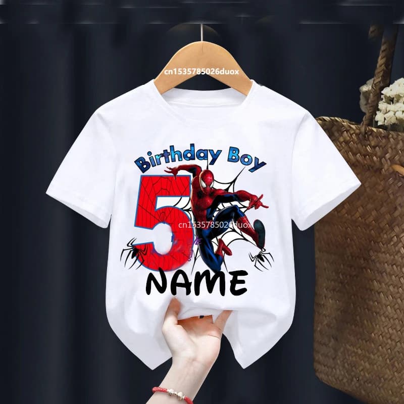 Summer 2025 Kid 2 3 4 5 6 7 8 Marvel Spiderman Girl Birthday Short Sleeve Shirt Spiderman Personalize Name Birthday Boy T-shirt