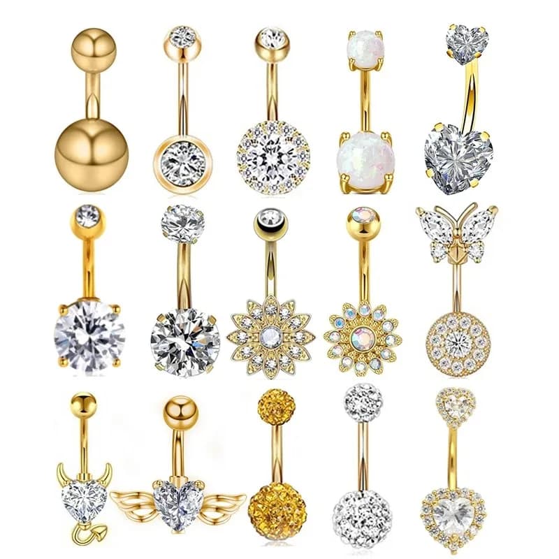 1Pc Gold Color Stainless Steel Belly Ring, Flower Heart Shaped CZ Crystal Navel Belly Button Rings Butterfly Navel Piercings 14G