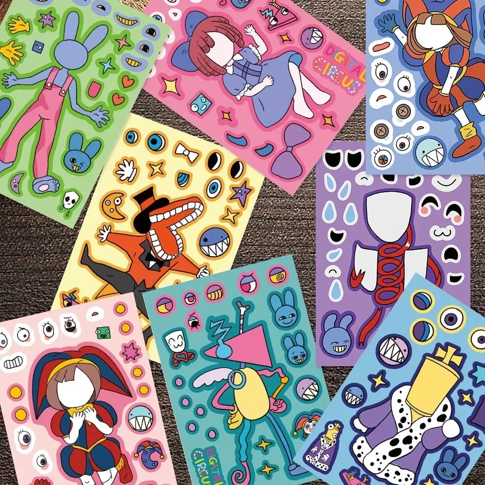 8/16Sheets The Amazing Digital Circus Puzzle Sticker Kawaii Make-a-Face Assemble Sticker Cute Make A Face Decal Kid Birthday Toy