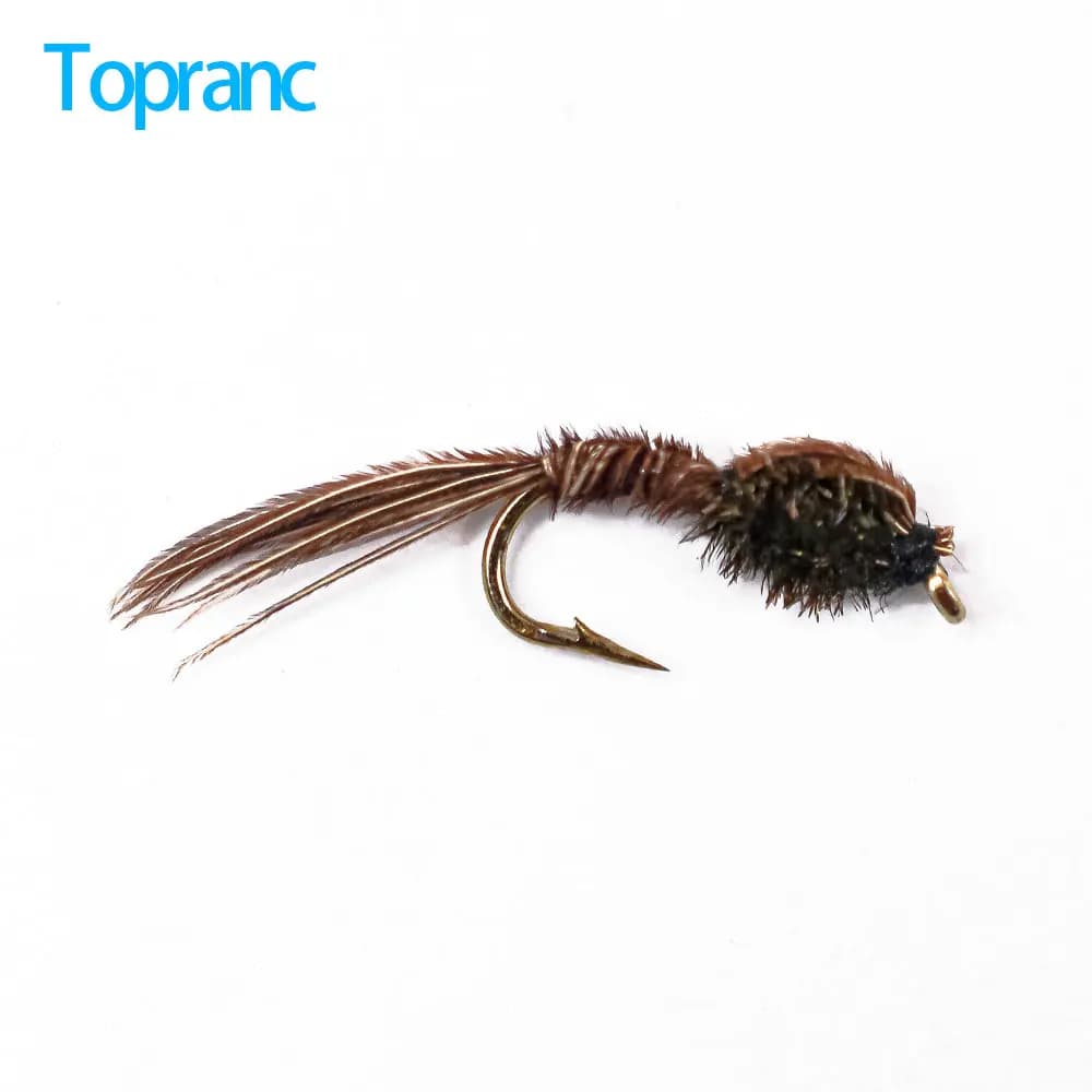 Topranc 12Pcs/Set Flies Brown Natural Pheasant Tail Fast Sinking Wet Mayfly Nymph Fly Trout Fishing Lures Baits