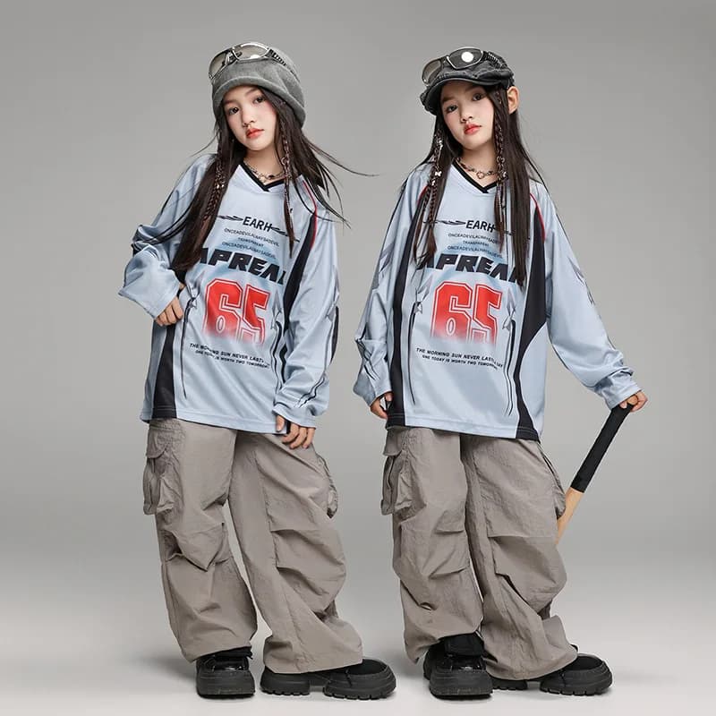 Girls Hip Hop Dance Clothes Street Dance Sets Long Sleeves Tops Gray Baggy Pants 2pcs Kids Jazz Practice Clothing Stage Costumes