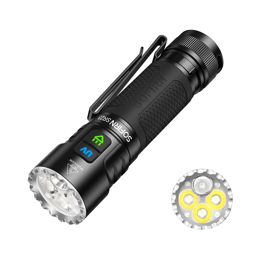 SOFIRN SR23 3300LM 6500K Flashlight UV 365nm EDC Light 21700 USB C Rechargeable Dual Switch Torch with Magnetic Tailcap