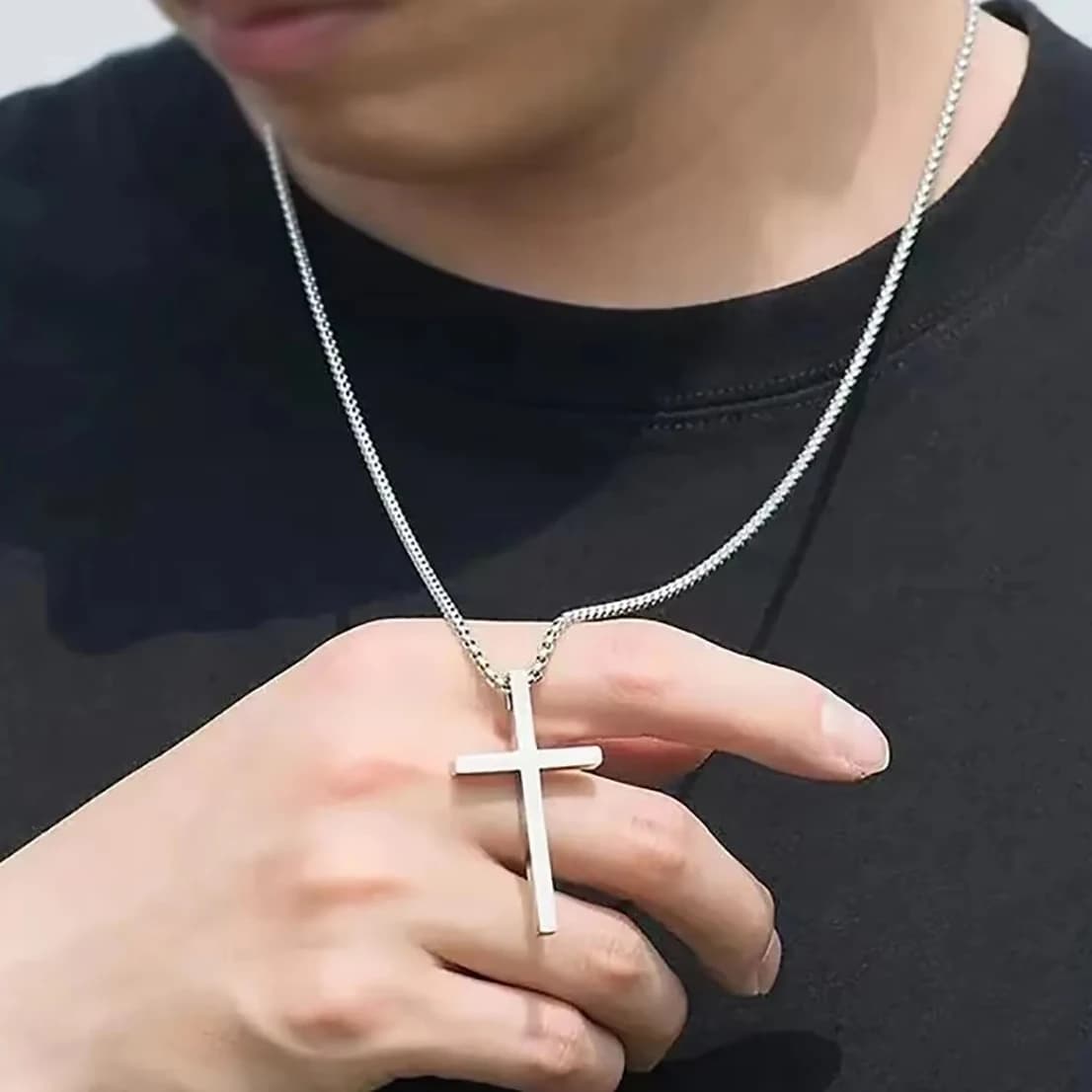 Hip Hop Trend Cross Pendant Necklace for Men Simple Punk Silver Color Titanium Steel Chain Versatile Street Jewelry Accessories