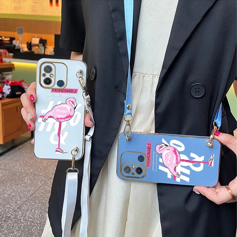 Pink Flamingos Lanyard Plating Phone Case For Xiaomi Redmi 10 12 12C 13C 11A 10A 10C 9 9T 9i 9C 9A 8 8A A1Plus A1 Cover