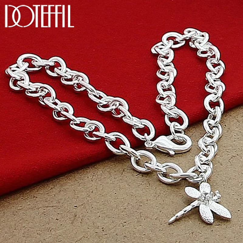 DOTEFFIL 925 Sterling Silver AAA Zircon Dragonfly Pendant 18 Inch Chain Necklace For Women Wedding Engagement Fashion Jewelry
