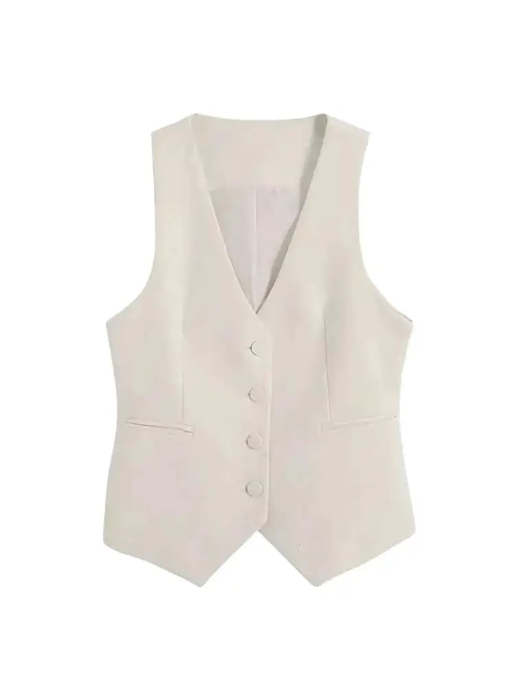 TRZA Women Fashion Front Button Fitted Waistcoat Vintage Sleeveless Welt Pockets Female Outerwear Chic Vest Tops