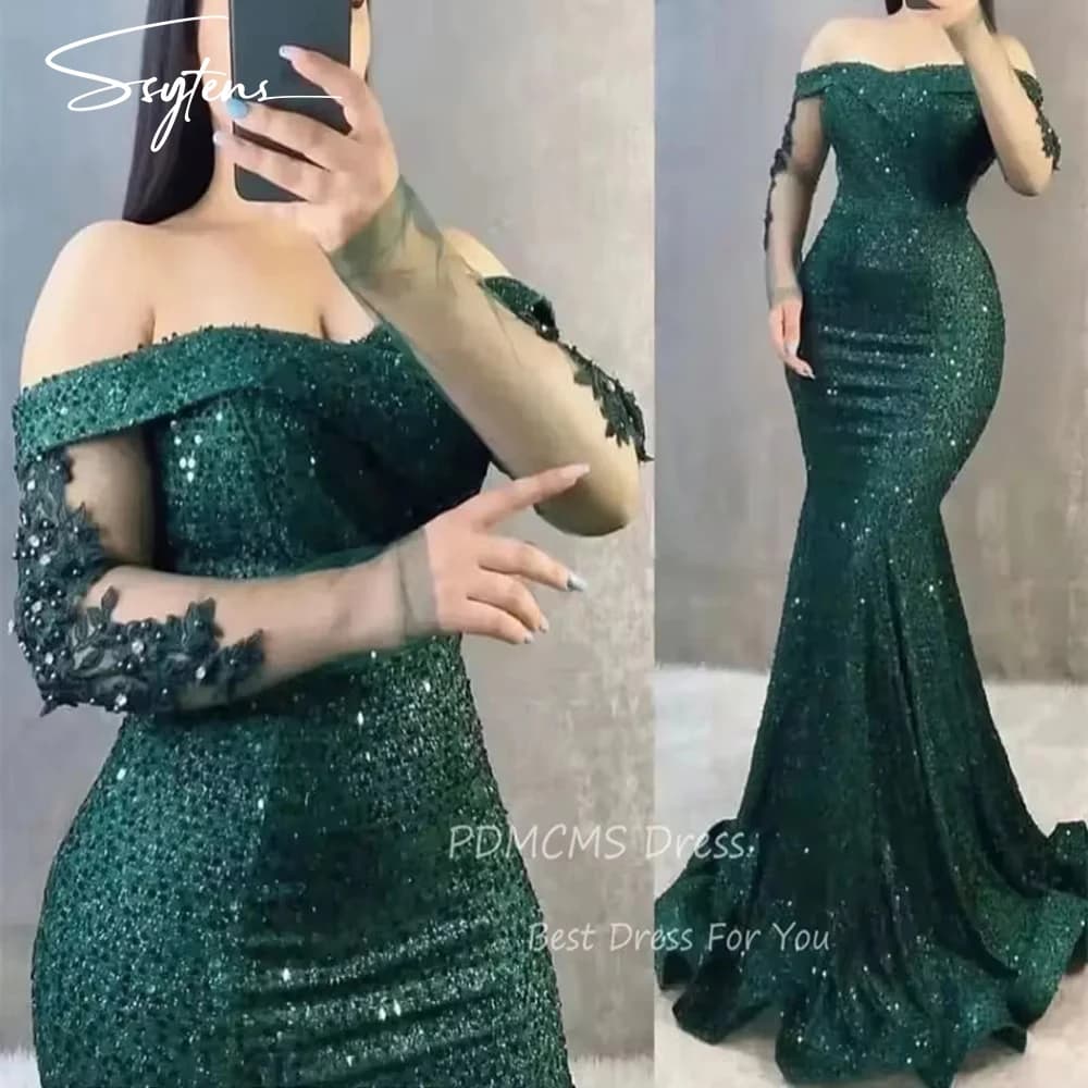 Sequined Green Evening Dresses Customized Party Dress Mermaid African Long Arabic Women Sexy Plus Formal Homecoming Prom Gown