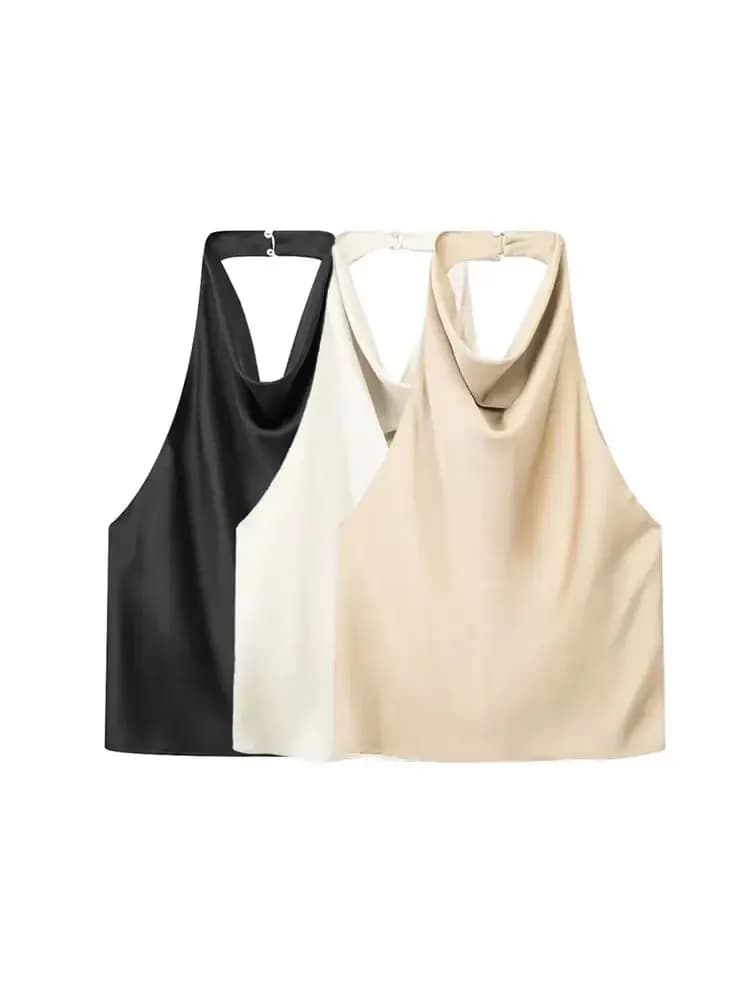 TRZA Women Fashion Satin Flowing Halterneck Tank Tops Sexy Backless With Button Female Camis Mujer
