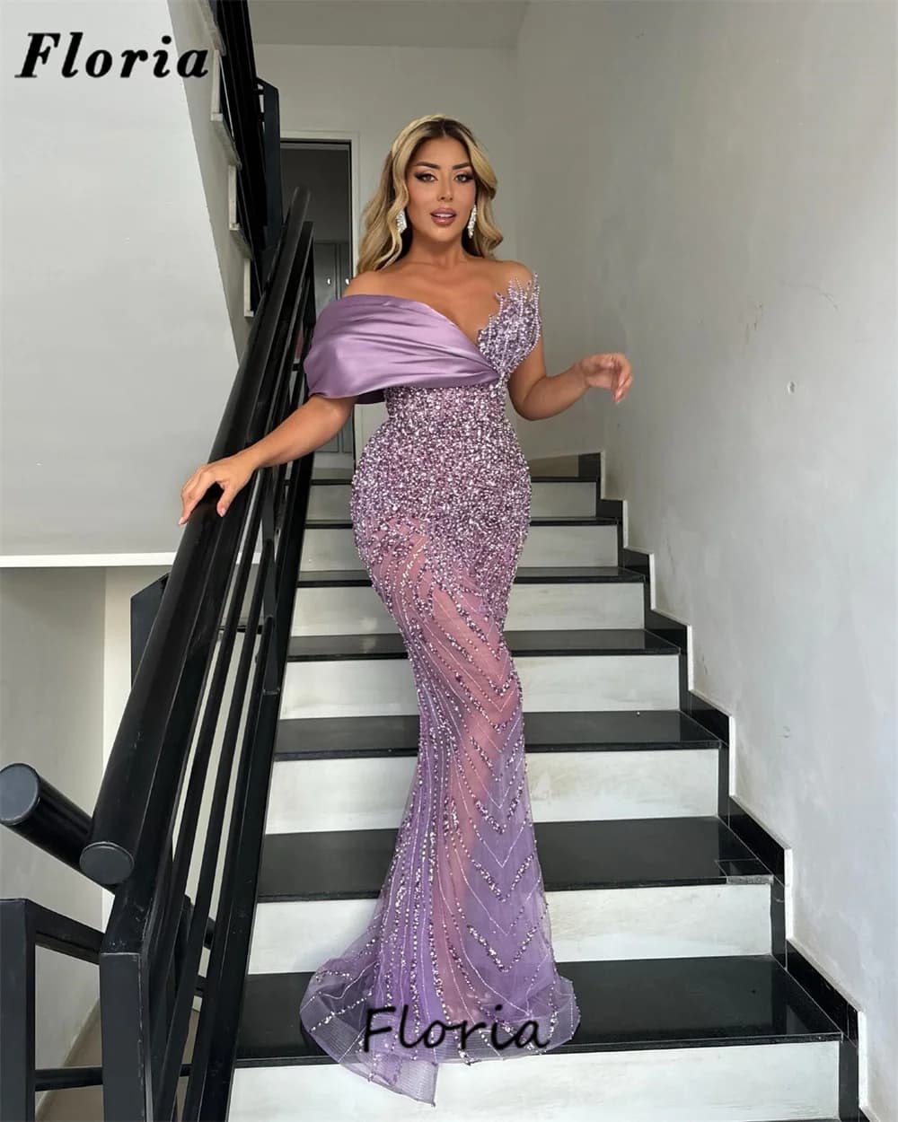 Dubai Design Purple Beading Prom Dress Elegant Off Shoulder Pearls Celebrity Evening Wear Arabic Coutures Wedding Party Dresses
