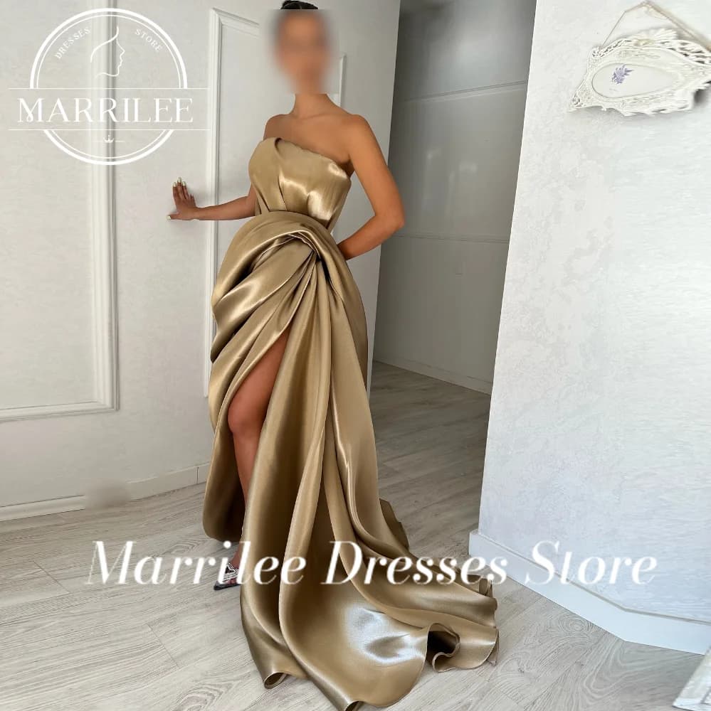 Marrilee CustomizedTrain Side Silt Solid Color Pleats Sleeveless A-Line Satin Elegant Party Evening Dresses Woman High quality